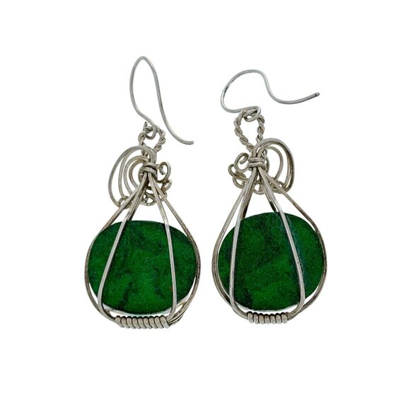 Silver Tone Wire Wrapped Dichroic Glass Dangle Earrings - Picture 2 of 4